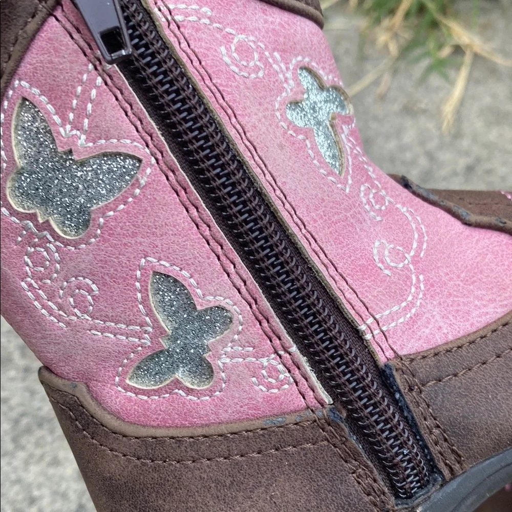 Pink and Brown Kids Cowboy Boots Cowgirl Western boot with Silver Butterfly’s - Picture 8 of 12